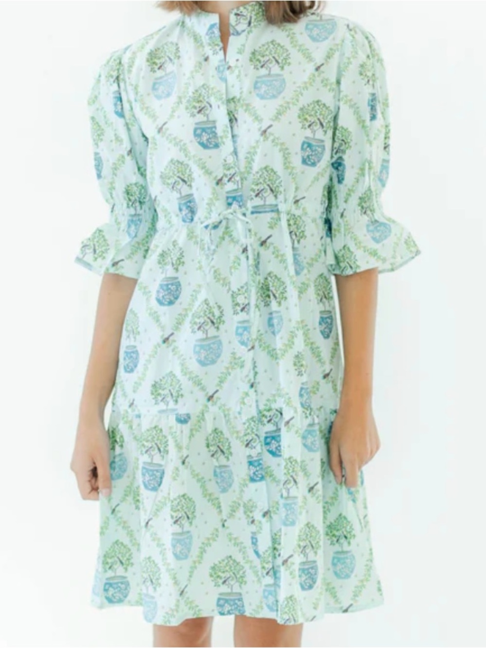 Marigold Light Green & Blue Topiary Ruffle Sleeve Dress NWT